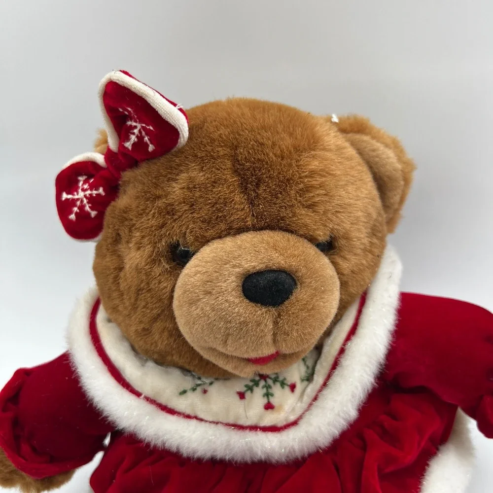 Dan Dee Christmas Plush Bear Unisex OS Brown Excellent 2004 Red Velvet Dress Bow